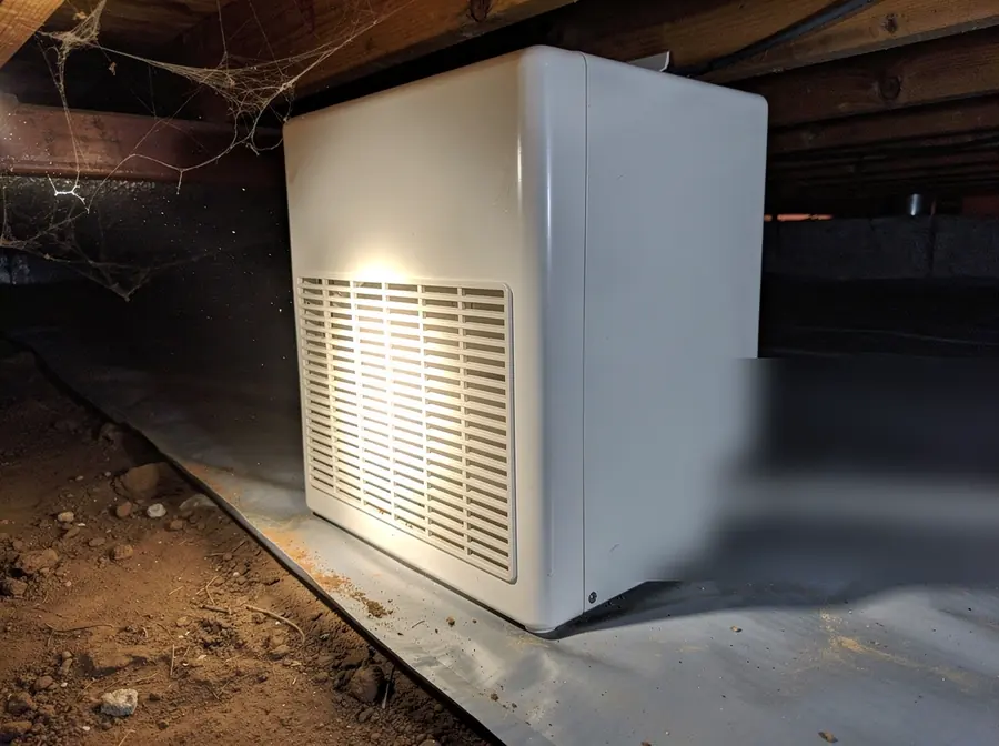 Illustration of a commercial crawl space dehumidifier unit installed on the vapor-barrier floor with a condensate drain hose