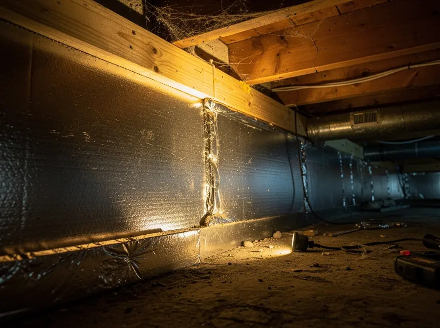 Illustration of foil-faced rigid foam insulation board sealed against a crawl space rim joist and sill