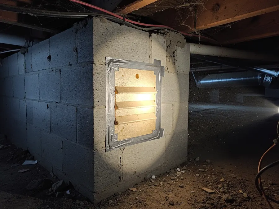 Illustration of a crawl space foundation vent opening sealed over with a rigid foam vent cover taped at the edges