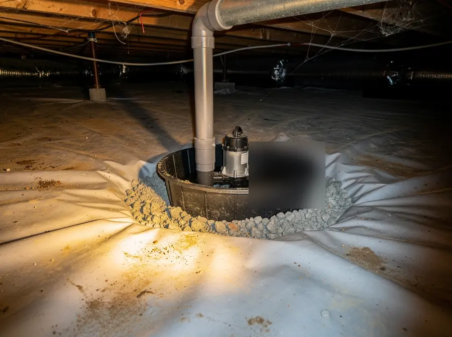 Illustration of a sump pump basin recessed into a crawl space floor corner with a submersible pump and discharge pipe