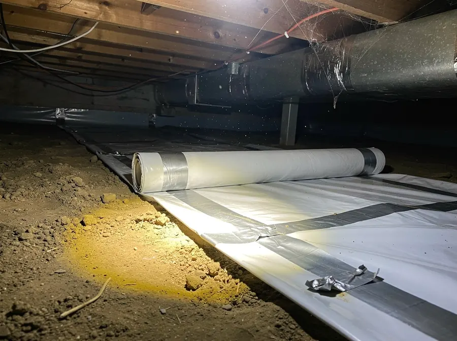 Illustration of a 20-mil polyethylene vapor barrier being unrolled over a bare dirt crawl space floor with seams sealed in silver tape