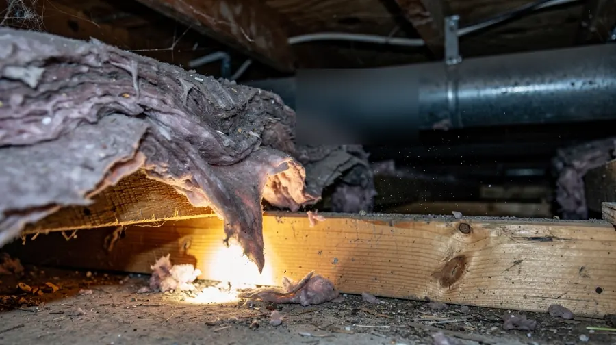 Illustration of old fiberglass batt insulation sagging and detaching from a crawl space floor joist bay due to moisture damage