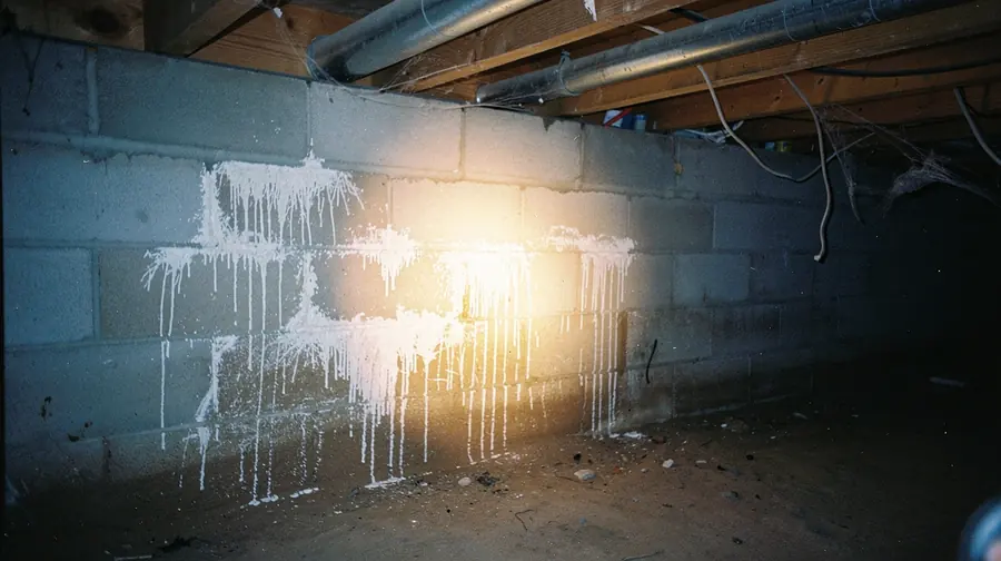 Illustration of white chalky efflorescence mineral deposits streaking down a concrete masonry block foundation wall from moisture intrusion