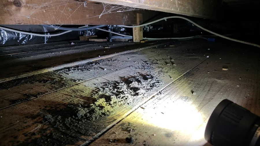 Illustration of dark mold and mildew discoloration spreading across a wood subfloor and joist surface in a crawl space