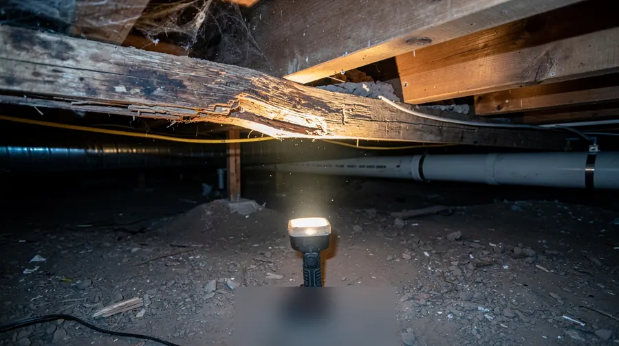 Illustration of a sagging, bowed wooden floor joist with visible stress cracking in a crawl space