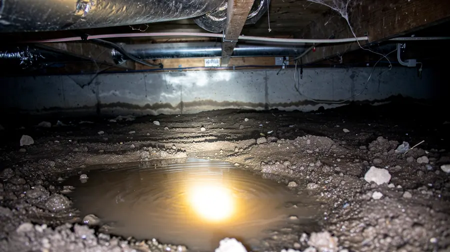 Illustration of shallow standing water pooling on a bare dirt crawl space floor after rain